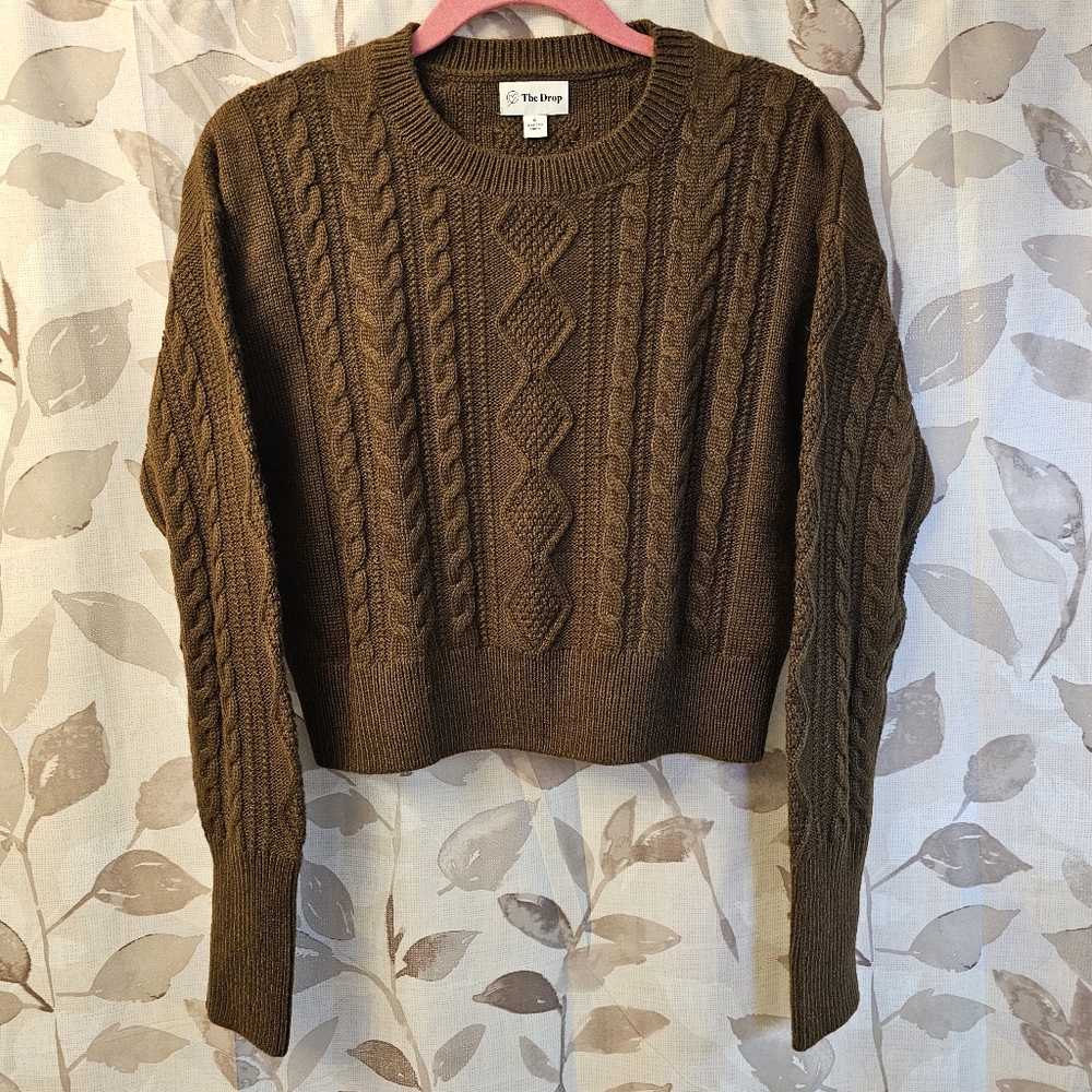 The Drop Cable Knit Crew Neck Crop Top Brown Long Sleeve Sweater Size Small